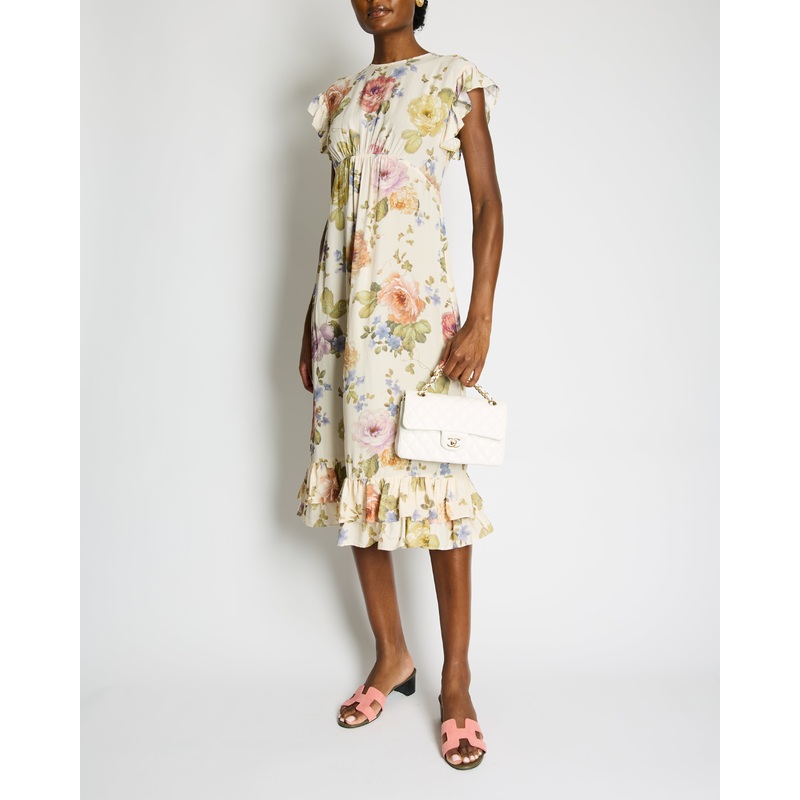 Zimmermann Beige Viscose Short-Sleeve Floral Midi Dress with Ruffle Details Size 0 (UK 8)