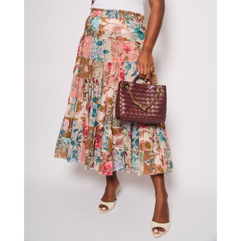 Zimmermann Brown, Pink Floral Cotton Tiered Midi Skirt Size 3 (UK 14)