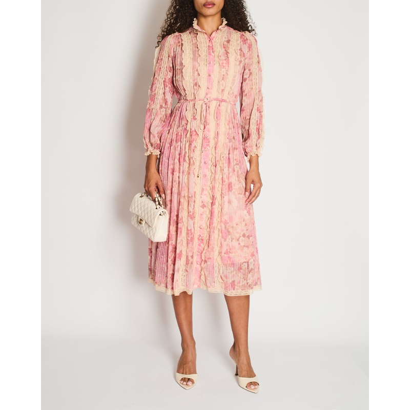 Zimmermann Pink Floral Viscose Long-Sleeve Floral Midi Dress with Lace Details Size 0 (UK 8)