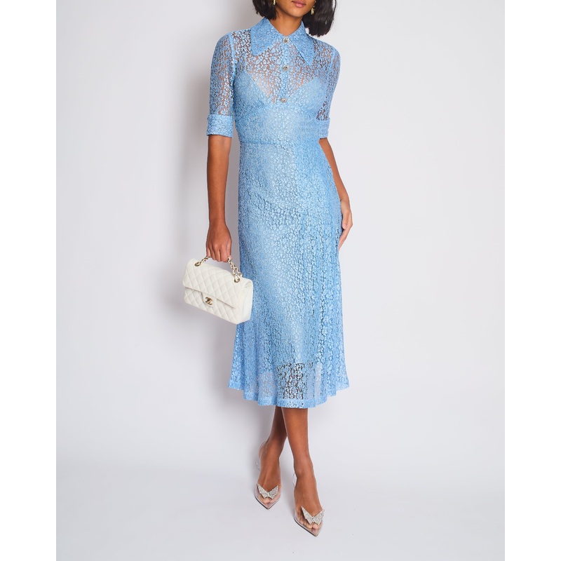 Alessandra Rich Light Blue Lace Midi Dress with Crystal Buttons Detail IT 40 (UK 8)