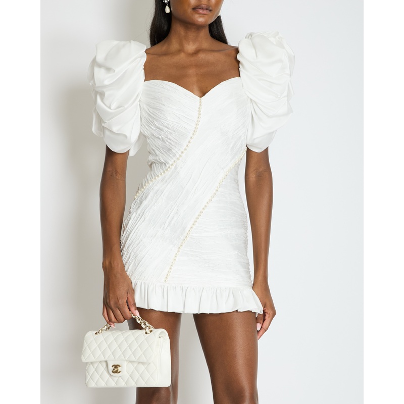 Alessandra Rich White Puff-Sleeve Ruched Crepe Mini Dress with Pearl Details Size IT 40 (UK 8)