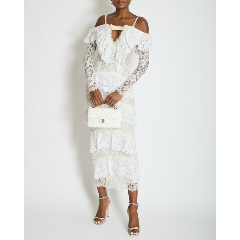 Alessandra Rich White Tiered Lace Long Sleeve Maxi Dress with Frills and Bow Detail Size IT 38 (UK 6)
