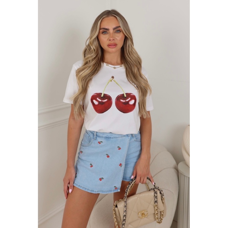 Anna blue cherry wrap denim skort