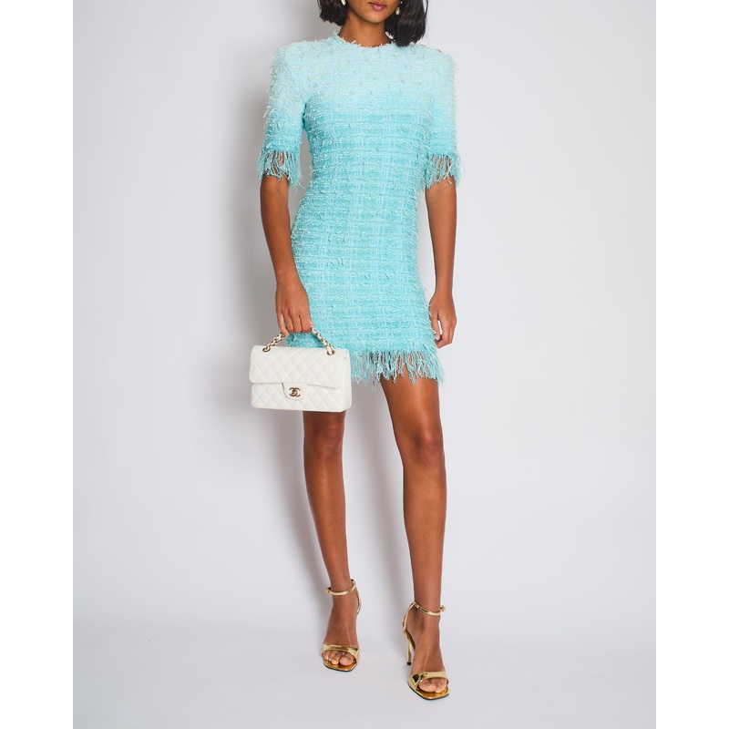 Balmain Light Blue Short Sleeve Tweed Short Dress with Fringes & Gold Buttons Detail Size FR 38 (UK 10)