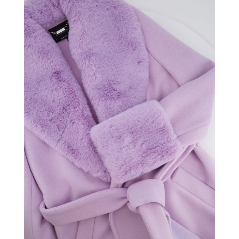 Blumarine Lilac Wool Coat with Detachable Handcuff and Collar Faux Fur Detail IT 42 (UK 10)