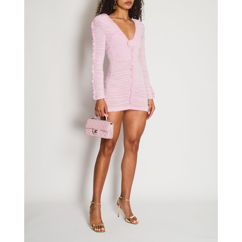 Magda Butrym Pink Long Sleeve Ruched Mini Dress with Rose Appliqu Detail Size FR 36 (UK 8)