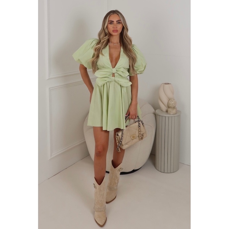 Maisie pistachio plunge puff sleeve shirt dress