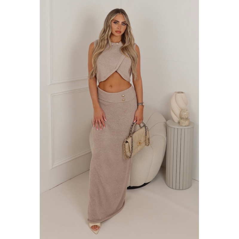 Mollie taupe knit top & maxi skirt co ord