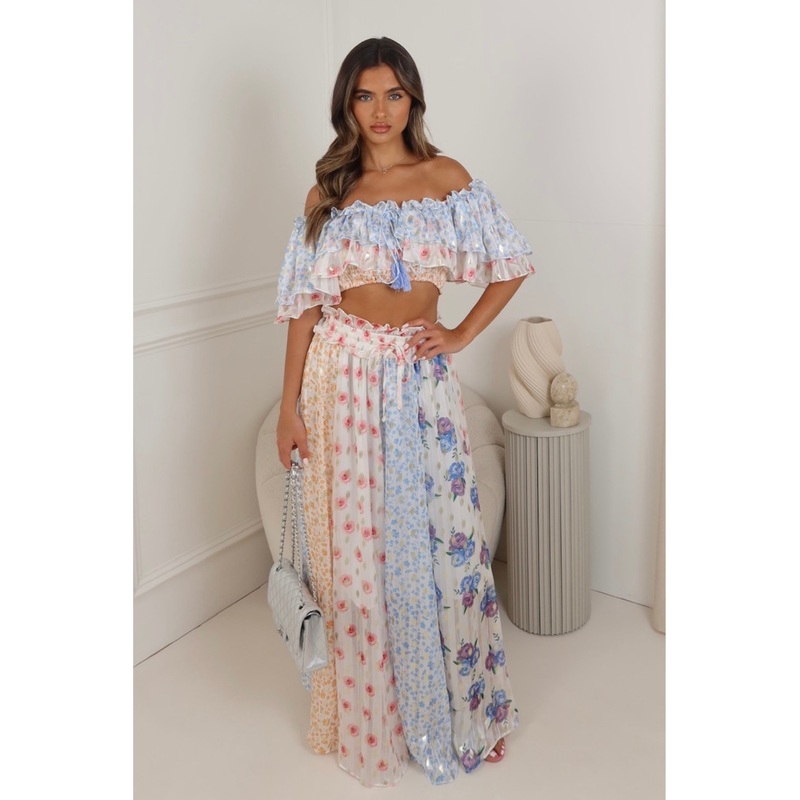 Taya blue floral bardot top & maxi skirt co ord