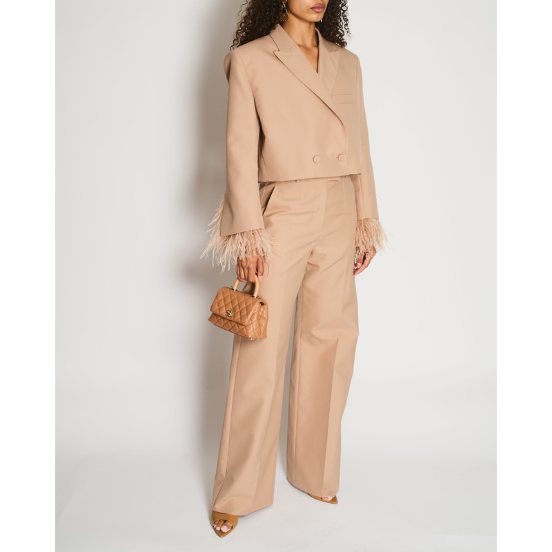 Valentino Beige Sand Feather Cuff Cropped Blazer and Trousers Set Size IT 42 (UK 10)
