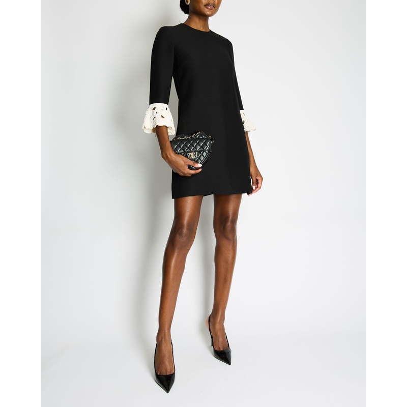 Valentino Black Mini Crepe Dress with Cream Embroidered Lace Sleeve Detail Size IT 38 (UK 6)