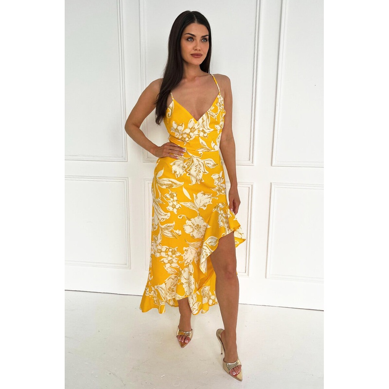 Yellow Floral Printed Strappy High Low Frill Hem Midi Dress