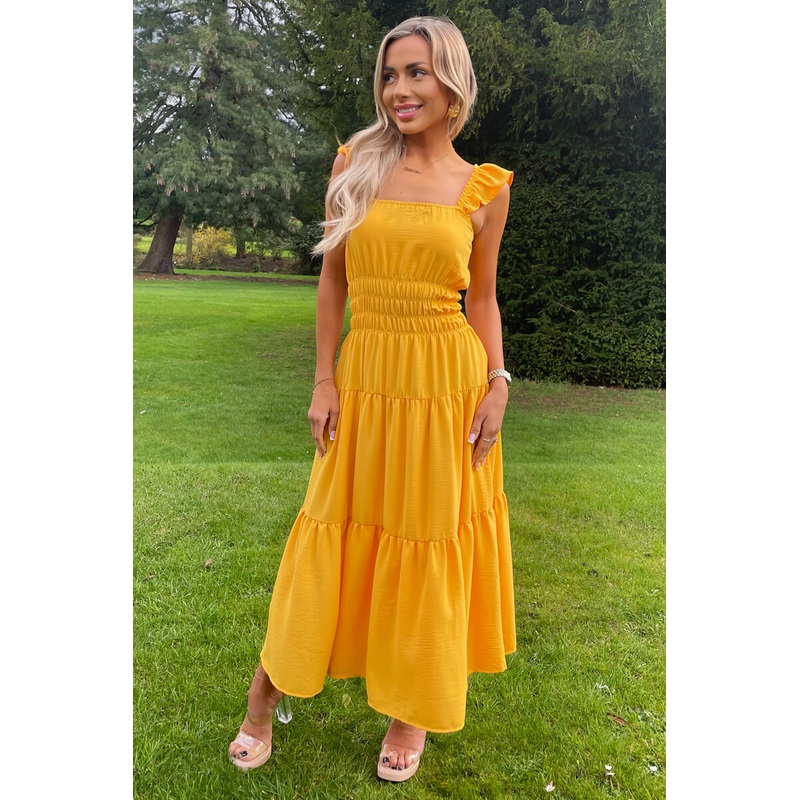 Yellow Frill Strap Tiered Midi Dress