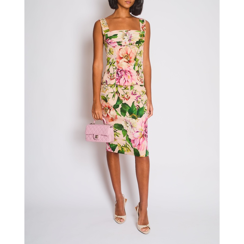 Dolce Gabbana Pink Silk Floral Print Top and Midi Skirt Set Size IT 40 (UK 8)