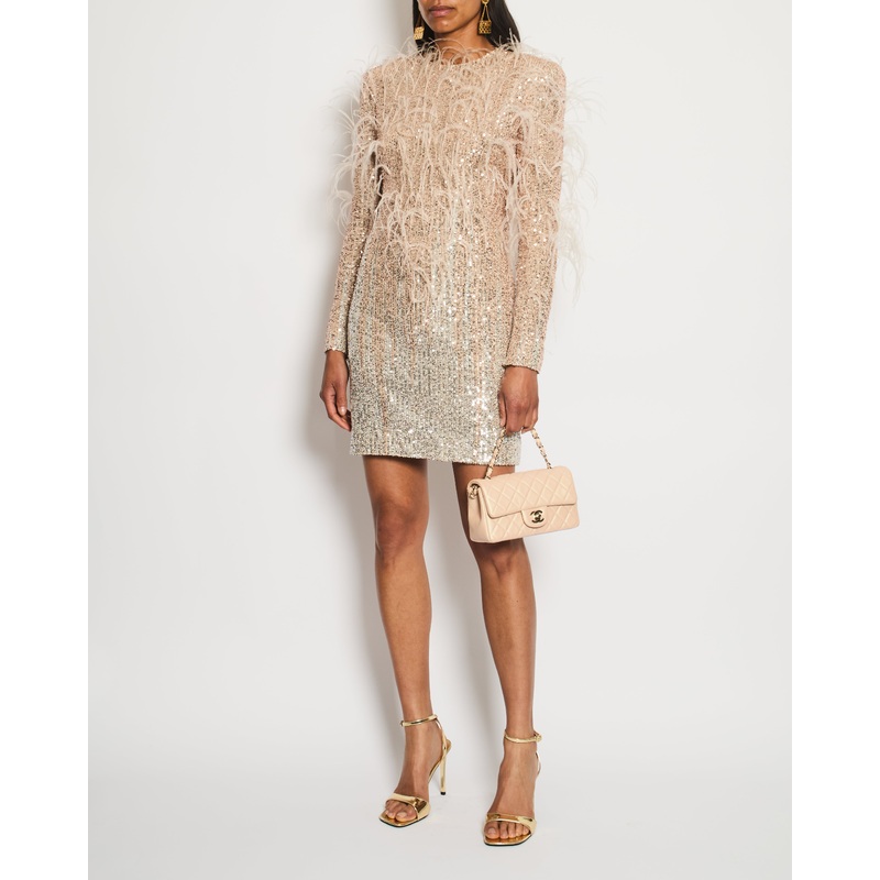 Elie Saab Blush Long Sleeve Sequin Midi Dress with Feather Detail Size FR 38 (UK 10)
