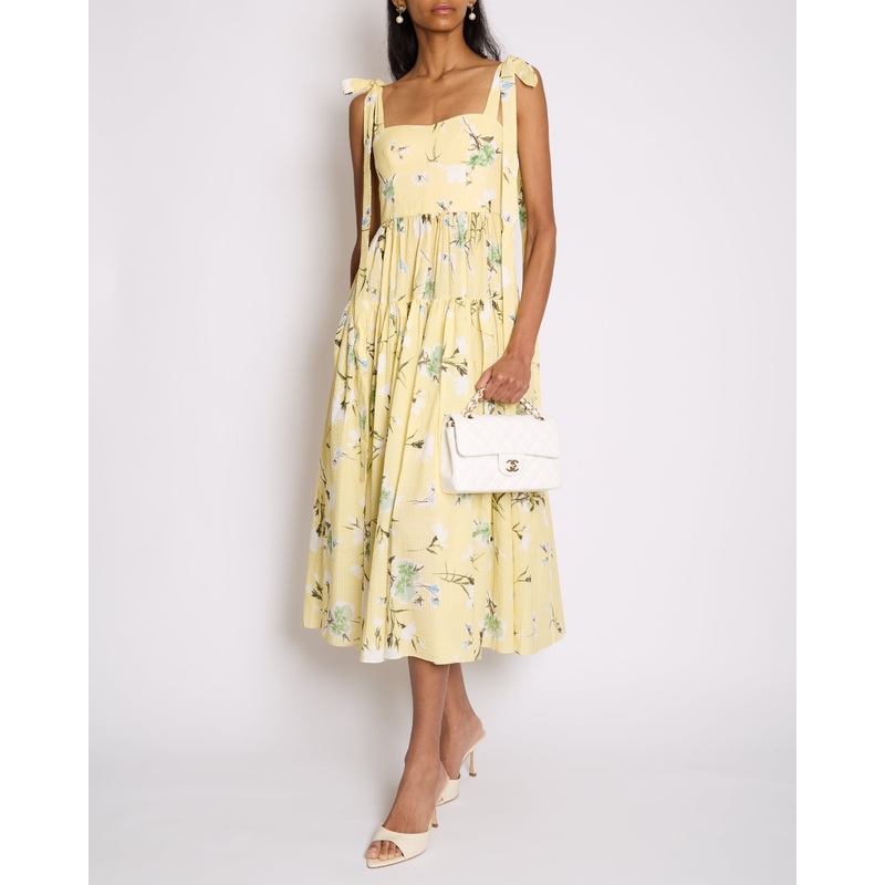 Erdem SS25 Yellow, White & Green Floral Midi Dress with Bustier Top & Tie Up Bow Strap Details Size UK 6 (FR 34)