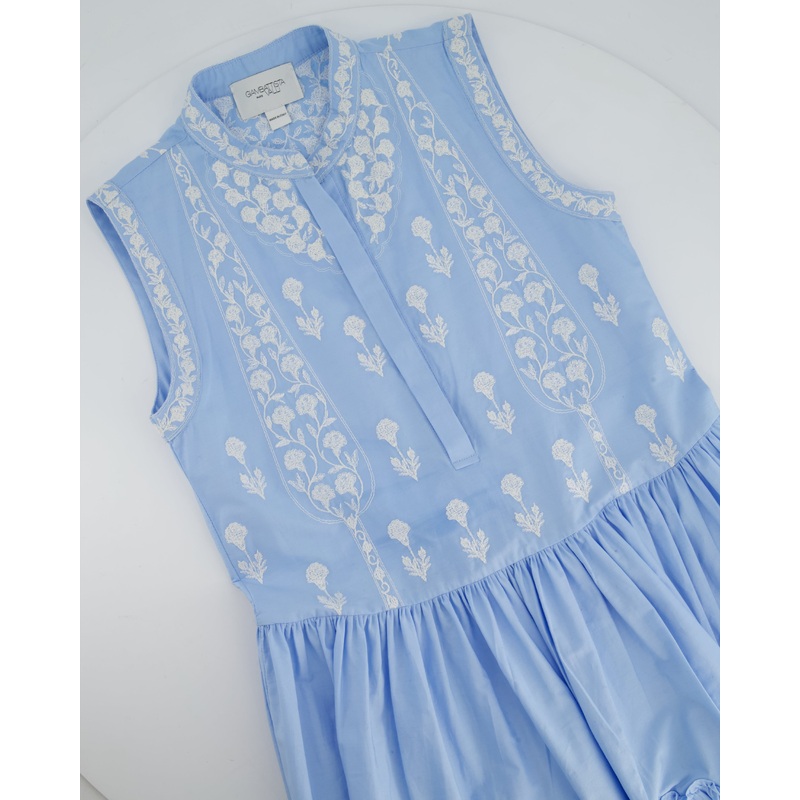 Giambattista Valli Light Blue and White Floral Embroidered Tiered Midi Dress with White Button Details Size IT 38 (UK 6)