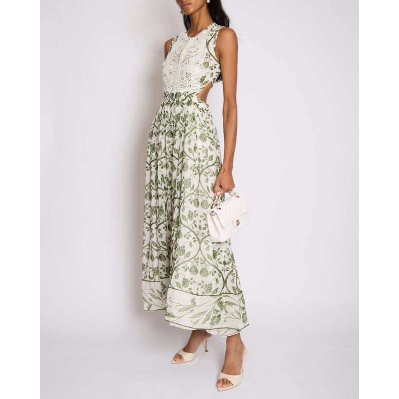 Giambattista Valli White and Green Sleeveless Floral Midi Dress with Lace Bodice and Cut Out at the Back Size IT 36 (UK 4)