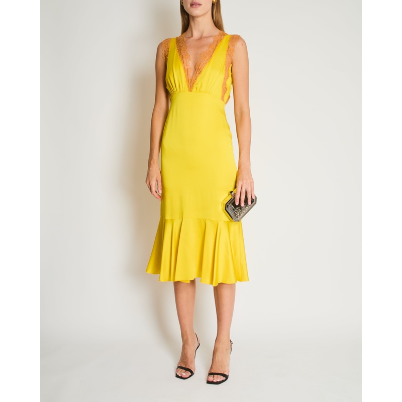 Giambattista Valli Yellow Midi Dress with Ruffle Hem and Lace Details Size IT 38 (UK 4)