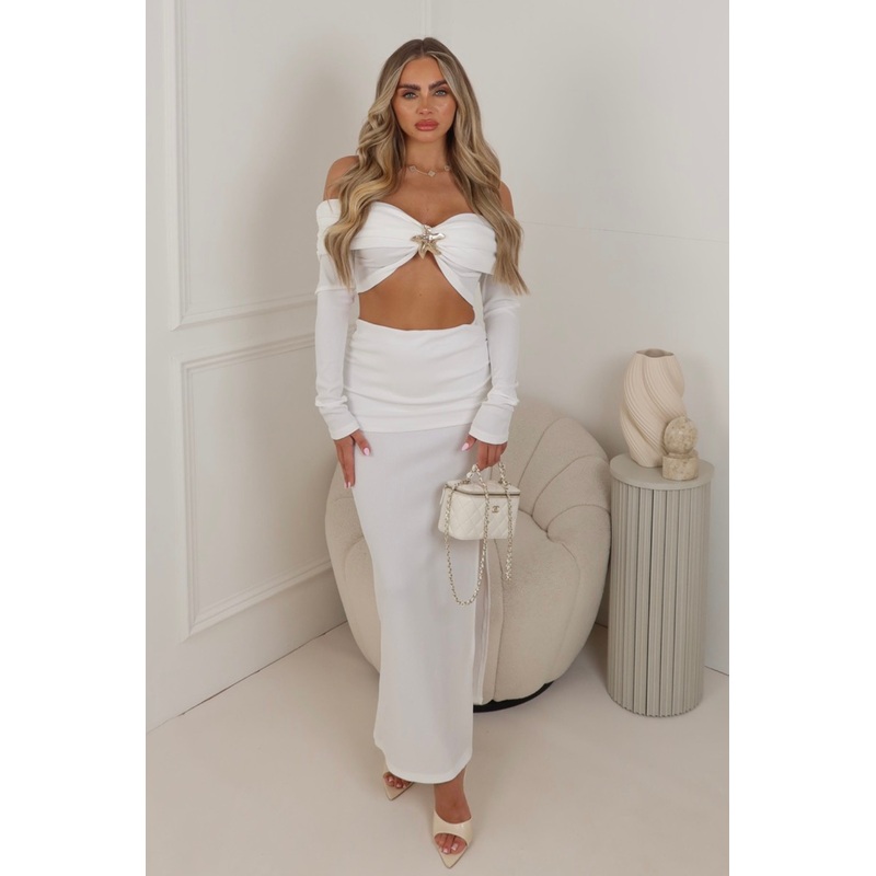 Millie white bardot shell top & split skirt co ord