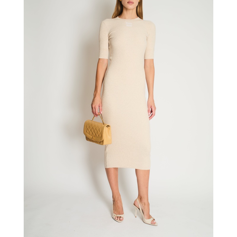 Miu Miu Beige Cotton Short Sleeve Maxi Dress With Anagram Logo Embroidery Size IT 36 (UK 4)
