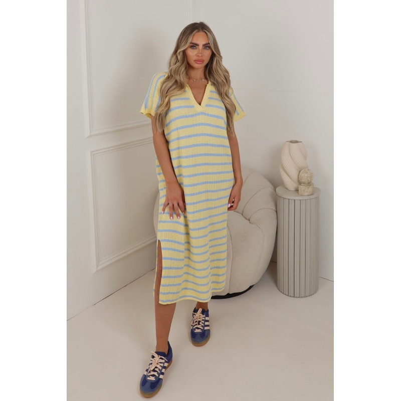 Nia lemon & blue crochet sleeveless midi dress