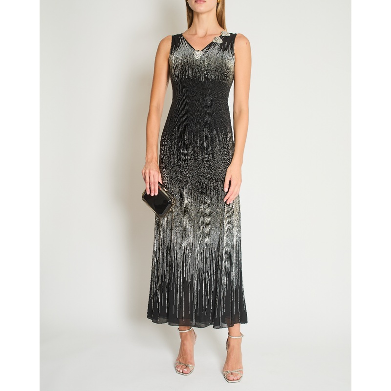 Oscar De La Renta Black and Silver Beaded Midi Dress With Crystal Applique Details Size US 4 (UK 8)