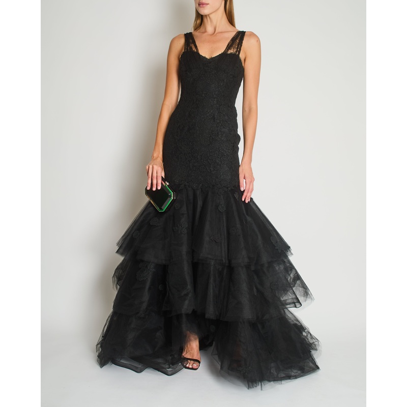 Oscar De La Renta Lace Sleeveless Maxi Gown Dress with Floral Lace Embellishment Details Size US 4 (UK 8)