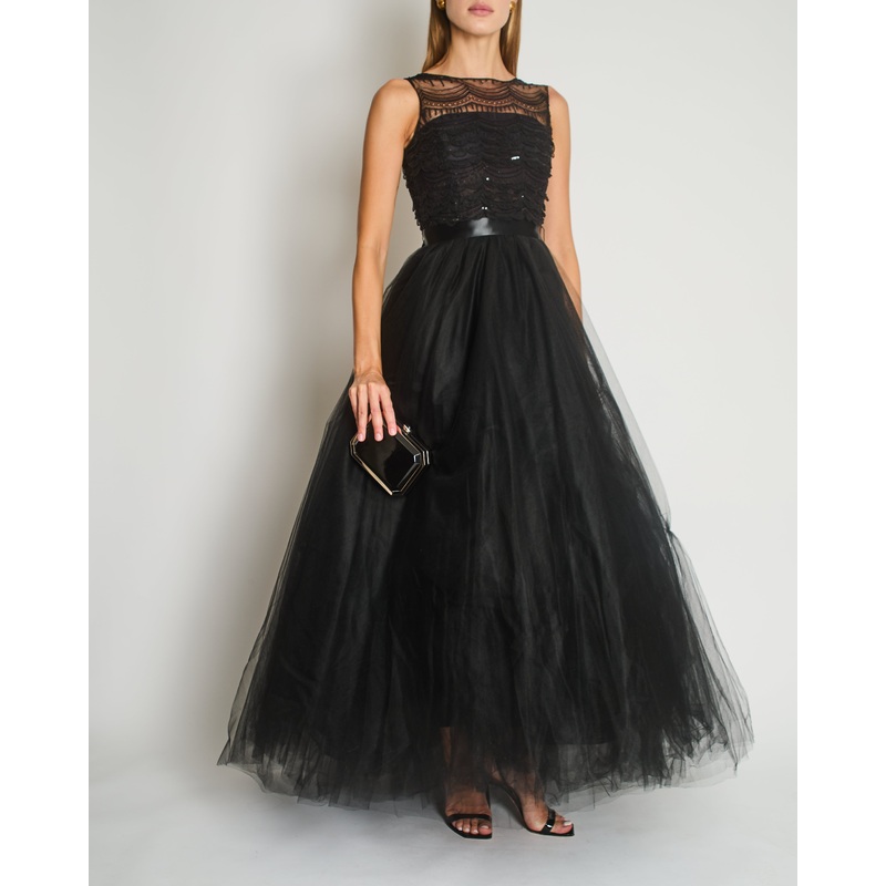 Oscar De La Renta Tulle Sleeveless Maxi Gown Dress with Sequinned Lace Bustier Detail Size US 4 (UK 8)