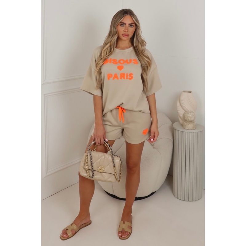 Paris beige & orange t-shirt & shorts co ord