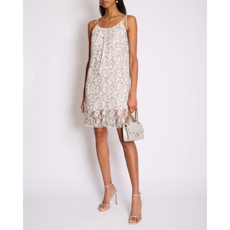 Saint Laurent White & Silver Floral Sequin and Bead Embroidered Mini Dress with White Slip Size FR 36 (UK 8)