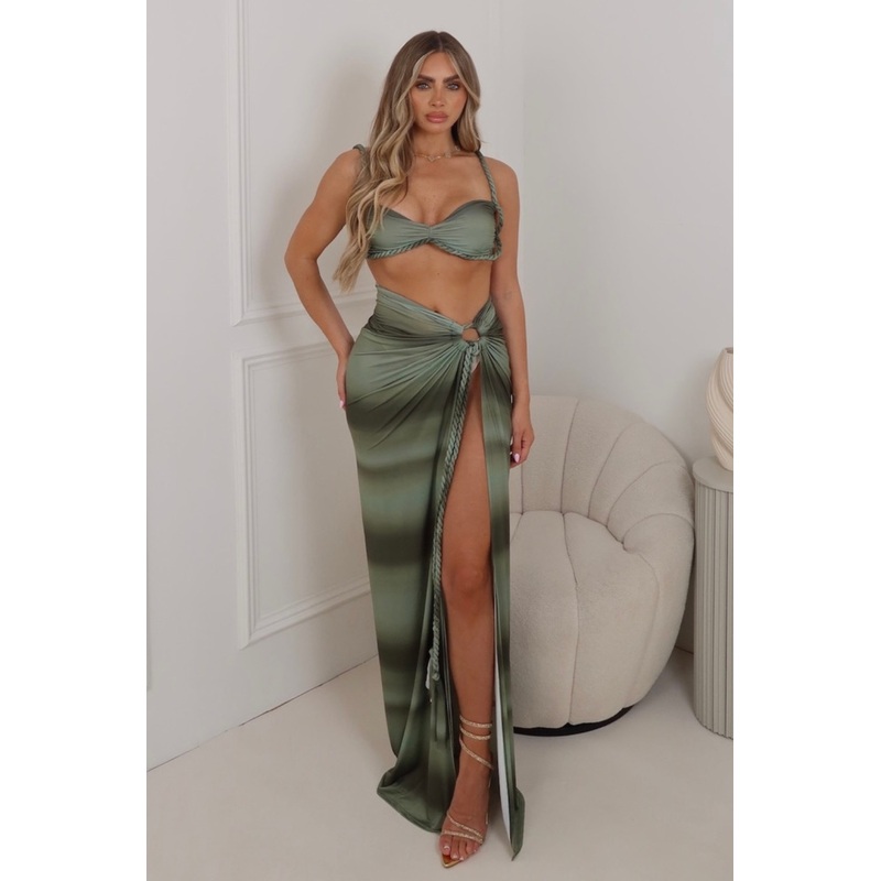 Stassi khaki ombre braided bralette & maxi skirt co ord