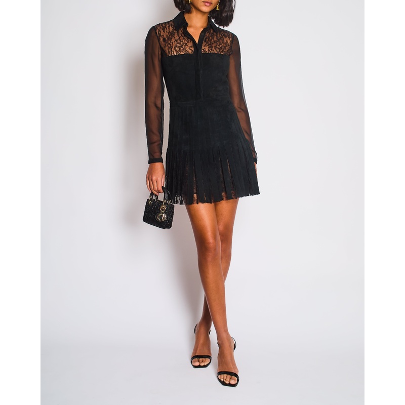 Valentino Black Mini Suede and Lace Pleated Dress with Collar Detail Cream Size UK 6