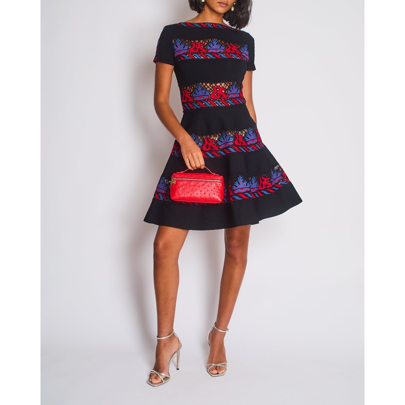 Valentino Navy A-Line Mini Dress with Black, Red and Blue Lace Panel Details Size UK 10 (Size Medium)