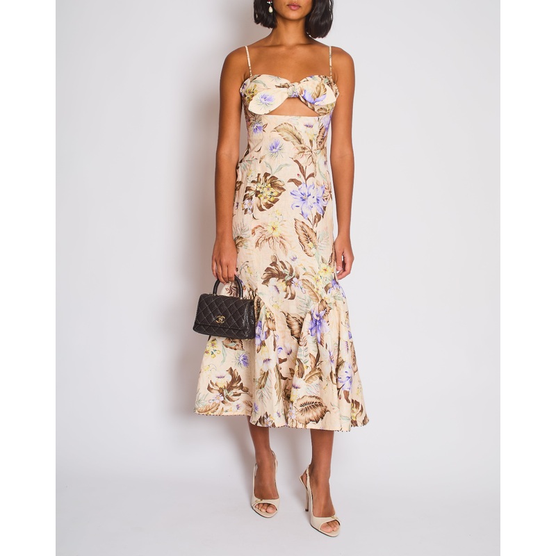 Zimmermann Beige, Brown and Blue Floral Linen Maxi Dress with Cut Out and Bow Detail Size 0 (UK 8)