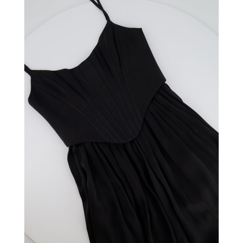 Zimmermann Black Silk Midi Dress with Pleated Skirt and Corset Detail Size 0 (UK 8)