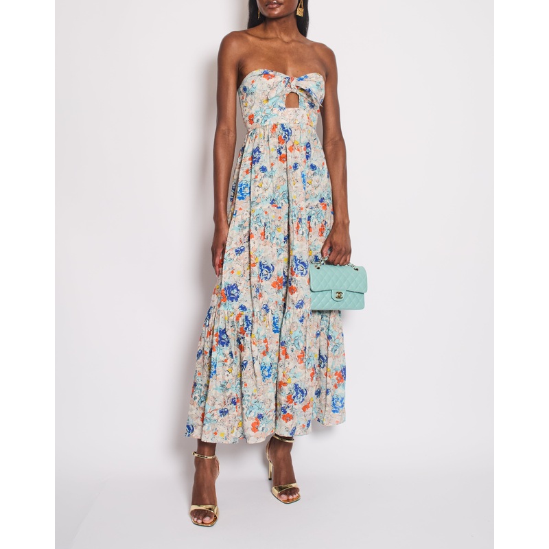 Zimmermann Blue Floral Bandeau Cut-Out Midi Dress with Blow Detail Size 0 (UK 8)