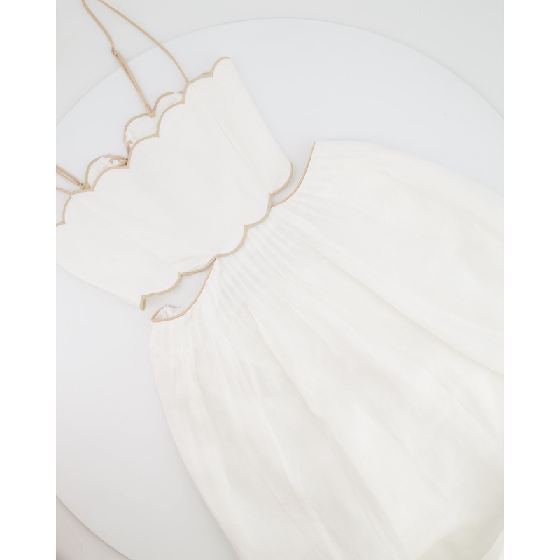 Zimmermann White Devi Linen Midi Dress with Cutout Detail and Beige Trim Detail Size US 0 (UK 8)