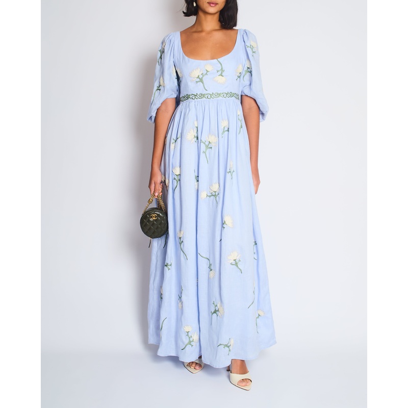 Agua by Agua Bendita Viviane Floral Linen Maxi Blue Dress Size S (UK 8)