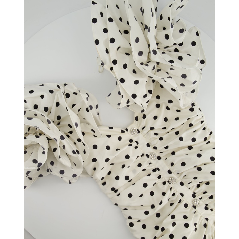 Alessandra Rich White & Black Polka Dot Ruched Crepe Mini Dress with Crystal Buttons and Strap Ruffle Details Size IT 38 (UK 6)