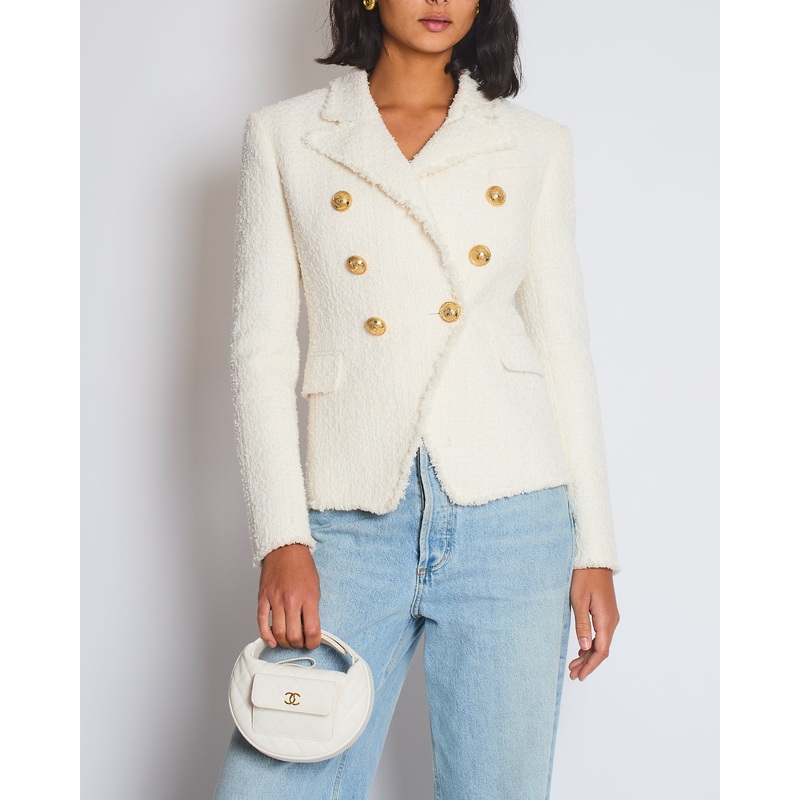 Balmain White Tweed Double Breasted Blazer with Gold Buttons Size FR 36 (UK 8)