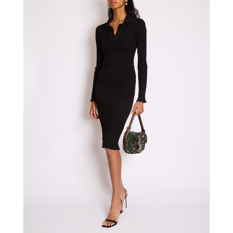 Bottega Veneta Black Ribbed Long Sleeve Midi Dress with Green Stitch Detail and Collar Size XS (UK 6)