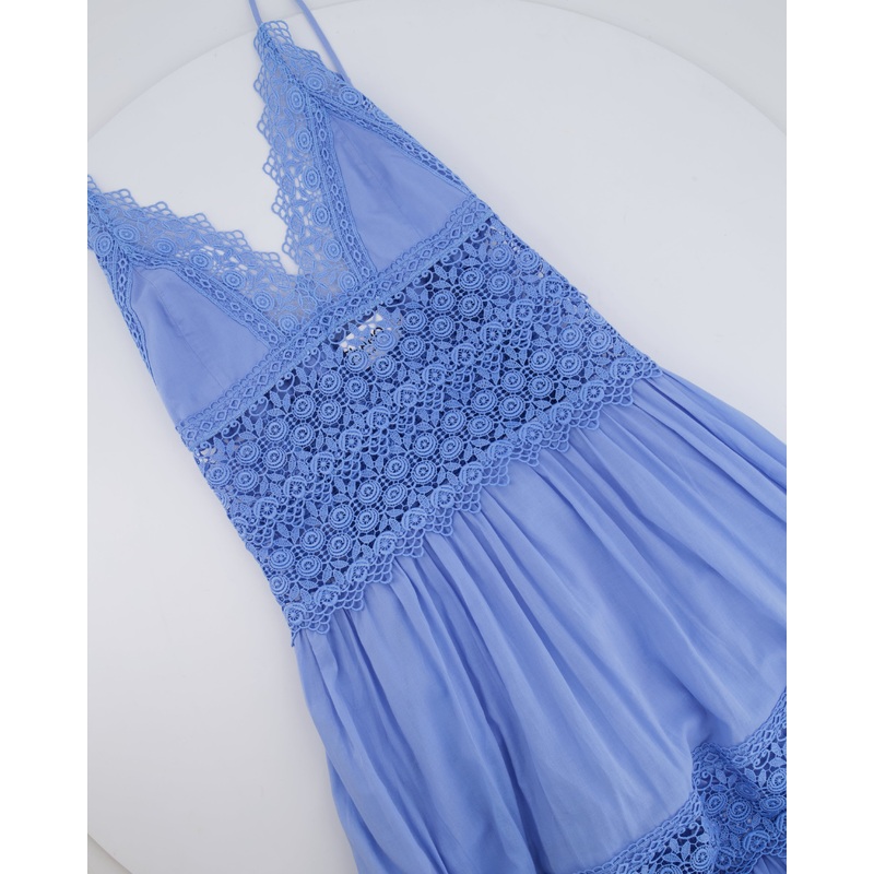Charo Ruiz Blue Cotton Cindy Maxi Dress with Lace Detail Size S (UK 8)