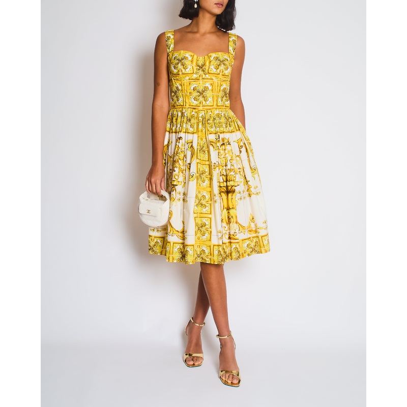 Dolce & Gabbana Yellow Majolica Print Midi Dress with Pleat Detail Size IT 44 (UK 12)