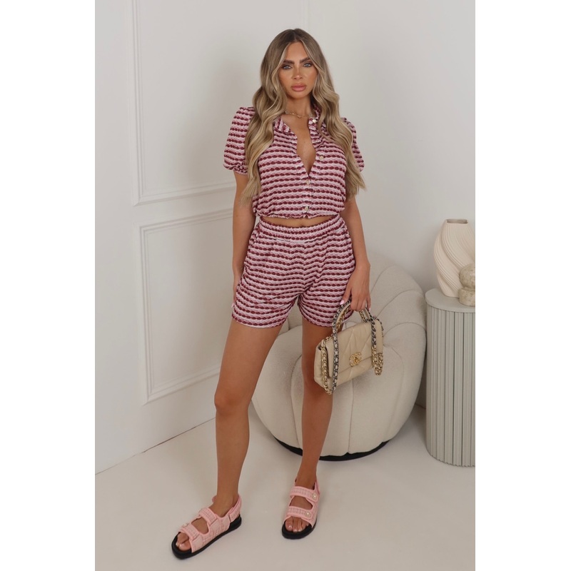 Elliah pink patterned cropped shirt & shorts co ord