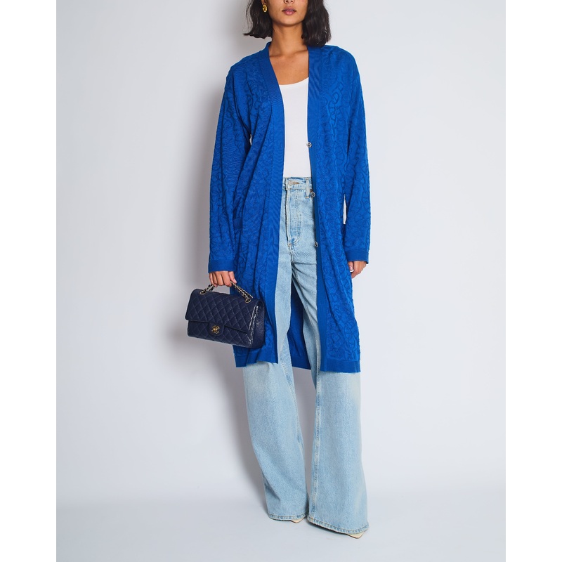 Herms Electric Blue Silk & Cotton Long Cardigan with Chaine D'Ancre Buttons Size FR 36 (UK 8)