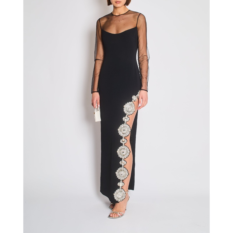 *HOT* David Koma Black Long Dress with Tulle & Multiple Floral Crystal Embellishments Detail Size FR 36 (UK 8)
