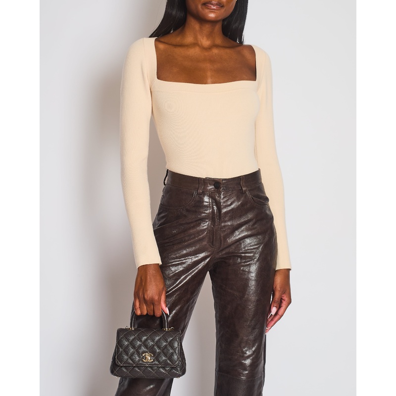 Khaite Cream Wool Long Sleeved Ribbed Bodysuit with Square Neckline Size M (UK 10)
