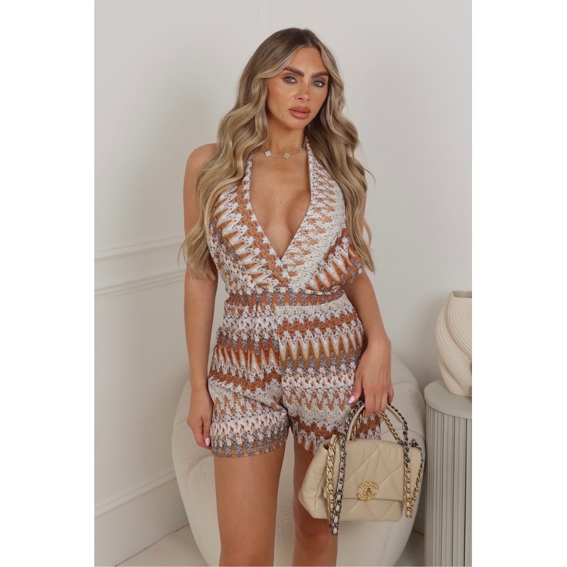 Kim mocha patterned halterneck playsuit