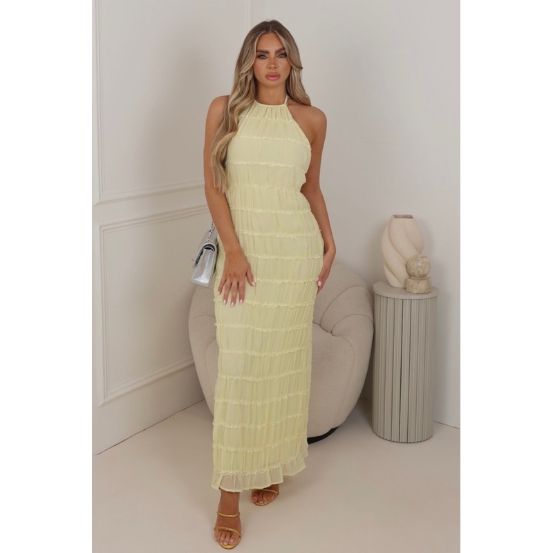 Mila lemon halterneck chiffon open back maxi dress